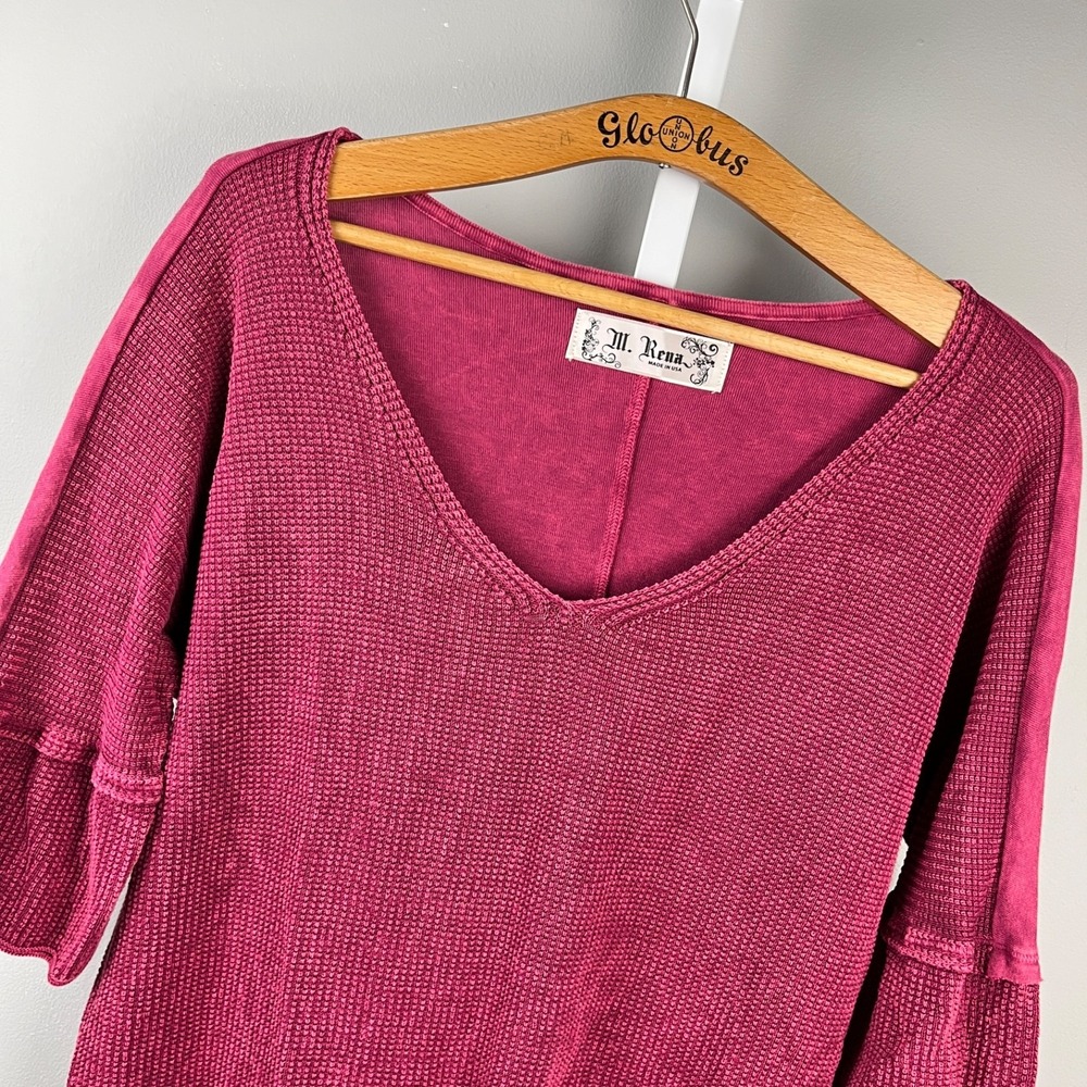 M. Rena Waffle Knit Boho Top Womens S Maroon Red Boxy Coastal Dolman Sleeve